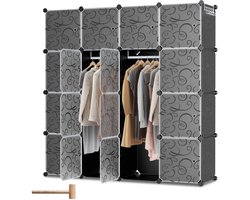Kledingkast met 16 Opslagvakken - DIY Garderobekast (BxHxD): 140x140x35cm - Zwart - Kunststof - slaapkamer, woonkamer - Extra Grote Kleerkast - Modulaire Wandkast- 10KG Draagkracht - voor hangende kleding&ruimtebesparing