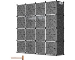 Kledingkast met 16 Opslagvakken - DIY Garderobekast (BxHxD): 140x140x35cm - Zwart - Kunststof - slaapkamer, woonkamer - Extra Grote Kleerkast - Modulaire Wandkast - Modern-stijl - 10KG Draagkracht - voor hangende kleding&ruimtebesparing