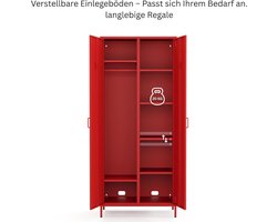 Kledingkast met 2 Deuren - Medahomestore Retro Metalen Garderobekast met Kledingstang en Verstelbare Planken – Robuuste Opbergkast voor Slaapkamer, Hal, Kantoor – Rood