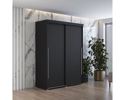 Kledingkast met 2 schuifdeuren - IGA 120 cm - Zwart - Zilveren handgrepen - Interieur met planken en roede