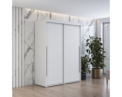 Kledingkast met 2 schuifdeuren - IGA 200 cm - Matwit - Zilveren handgrepen - Interieur met planken en rail