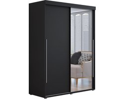 Kledingkast met 2 schuifdeuren - Kledingkast met spiegel - IGA I 120 cm - Zwart - Zilveren handgrepen - Interieur met planken en roede
