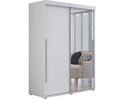 Kledingkast met 2 schuifdeuren - Kledingkast met spiegel - IGA I 150 cm - Wit - Zilveren handgrepen - Interieur met planken en roede