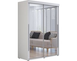 Kledingkast met 2 schuifdeuren - Kledingkast met spiegel - IGA II 180 cm - Wit - Zilveren handgrepen - Interieur met planken en roede