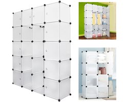 Kledingkast met 20 Opslagvakken - DIY Garderobekast (BxHxD): 142x180x37cm - Wit - Kunststof - slaapkamer, woonkamer - Extra Grote Kleerkast - Modulaire Wandkast - 10KG Draagkracht - voor hangende kleding&ruimtebesparing