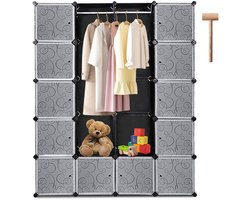 Kledingkast met 20 Opslagvakken - DIY Garderobekast (BxHxD): 142x180x37cm - Zwart - Kunststof - slaapkamer, woonkamer - Extra Grote Kleerkast - Modulaire Wandkast - 10KG Draagkracht - voor hangende kleding&ruimtebesparing