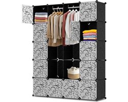 Kledingkast met 20 Opslagvakken - DIY Garderobekast (BxHxD): 142x180x37cm - Zwart - Kunststof - slaapkamer, woonkamer - Extra Grote Kleerkast - Modulaire Wandkast - Modern-stijl - 10KG Draagkracht - voor hangende kleding&ruimtebesparing