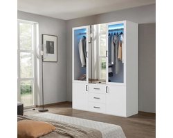 Kledingkast met deuren - Draaideurkast lade - Kleding opbergen - Geïntegreerde spiegel - 180 cm hoog - Wit