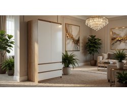 Kledingkast met Deuren en Lades – House&Garden Garderobekast Eiken Sonoma/Wit 90 x 51 x 180 cm – Grote Multifunctionele Kast met Hanggedeelte, 4 Planken & 2 Lades – Slaapkamer Kast Modern Design