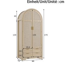 Kledingkast met hanggedeelte en lade – garderobekast 79x50x175 cm walnootlook met stoffen/rotan deuren – vrijstaande kledingopberger met houten poten – modern slaapkamer kast design – House&Garden