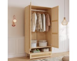 Kledingkast met Hangroede - Garderobekast Slaapkamer - Kleding Opbergen - Decoratieve Rotan Deuren - 90x45x183cm - Natuurlijk
