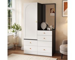 Kledingkast met Kaptafel en Spiegel - Geïntegreerde Kruk - 6 Lades - 90 x 50,5 x 160 cm - Zwart en Wit