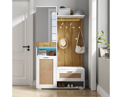 Kledingkast met Kaptafel – Garderobekast – Spiegelkast – Opbergkast – Schoenenkast – Wit – Bamboe Materiaal – 6 Gouden Kapstokken – Ruime Spiegel & Zithoek