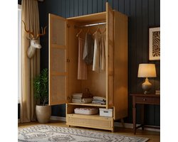 Kledingkast met kledingstang, 2-deurs kledingkast, slaapkamer, rotan net, woonkamer, met klep aan de onderkant, spaanplaat + PE rotan, naturel - Casa Serena