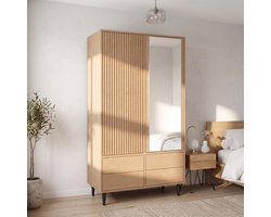 Kledingkast met LED - Kleiderschrank met spiegel - Grote kledingkast - 1 Hanger - 2-deurs met 4 lades - 2 deur design - 200x90x47 cm - Houtnerfstructuur - Kleiderschrank - Natuurlijke houttint