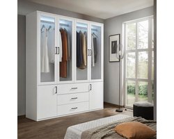Kledingkast met LED-verlichting, veelzijdige kast met deuren, kast met kledingstang, slaapkamerkast met 3 lades en 4 glazen deuren, wit, 160x51,8x182 cm