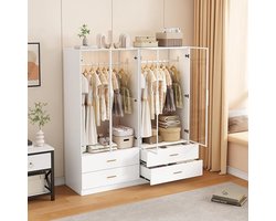 Kledingkast met ledverlichting, veelzijdige draaideurkast met 2 deuren van gehard glas, glazen kast met kledingstang, kledingkast met 2 laden, multifunctionele kast (wit-1)-Furnitureland