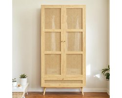 Kledingkast met Legplanken en Kledingroede - 2 Deurs Kast Slaapkamer - Natuurlijk Rotan Look - 90x45x183 cm