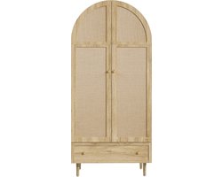 Kledingkast met Linnen Stof Deuren, Grote Opbergruimte met Opbergvakken, Scandinavisch Design, Eiken Look, Stabiele Houten Poten, Slaapkamer Meubilair