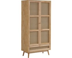Kledingkast met roede, 2-deurs kledingkast, slaapkamer, rotan net, woonkamer, met onderste klepdeksel, spaanplaat + PE rotan, naturel