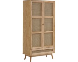 Kledingkast met roede, 2-deurs kledingkast, slaapkamer, rotannet, woonkamer, met onderste klepdeksel, spaanplaat + PE-rotan, natuurlijk