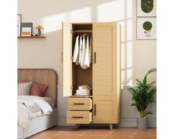 Kledingkast Met Rotan Details – 3 Deuren & 2 Lades, Garderobe Met Kledingroede & Anti-Kantel Beveiliging, Landelijke Stijl, Houtkleur, 80x52x166 cm