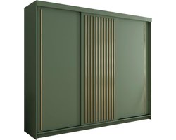 Kledingkast met Schuifdeuren 250 x 216 x 62 cm – Grote Garderobekast met 3 Kledingstangen, 3 Laden & 7 Planken – Moderne Slaapkamerkast met Veel Opbergruimte – Groen – Vermissen