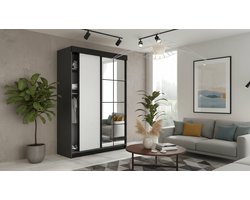 Kledingkast met Schuifdeuren en Spiegel Casa Velluto ALVARO – Moderne Garderobe voor Slaapkamer en Hal – Ruime Opbergkast 138x205x59 cm – Grafiet & Wit – Sliding Door Wardrobe