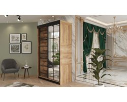 Kledingkast met Schuifdeuren en Spiegel Casa Velluto Lamaro Elegance – Moderne Garderobe voor Slaapkamer en Hal – Wardrobe 167x205x59 cm – Eikenhout Artisanat Gold & Old Style – Opbergkast met Laden en Planken