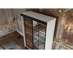 Kledingkast met Schuifdeuren en Spiegel Casa Velluto Lamaro Royale – Moderne Garderobe voor Slaapkamer en Hal – Wardrobe 167x205x59 cm – Wit & Old Style – Opbergkast met Laden en Planken