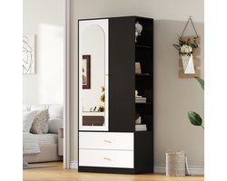 Kledingkast met Spiegel, 1 Deur, 2 Lades en 4 Opbergvakken - 80 x 40 x 180 cm - Wit en Zwart