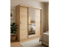 Kledingkast met Spiegel – 180 cm – 3 Schuifdeuren – Licht Eiken – Grote Kast met 8 Legplanken en 2 Hangroedes