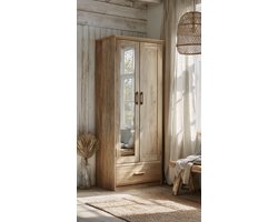 Kledingkast met Spiegel 2 Deuren & 2 Laden Sonoma Eiken 180x60x51 cm – Moderne Spiegelkast voor Slaapkamer, Hal & Woonkamer | Garderobekast met Scheidingswand, Kledingstang & Legplank | Furnitureland