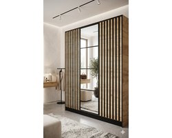 Kledingkast met Spiegel – Arqam EDEN V3 XXL Garderobekast 3 Deuren – Moderne Slaapkamerkast / Hal Kast met Uittrekbare Kledingroede – Ruimtebesparende Smalle Kast 156,4x205x39 cm – Ambachtelijk Eiken