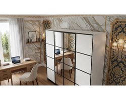 Kledingkast met Spiegel Casa Velluto Eden Lux – Grote 4-Deurs Schuifdeurkast voor Slaapkamer en Hal – Garderobekast met Laden, Planken en Kledingroede – 206,4x205x39 cm – Wit – Push-to-Open
