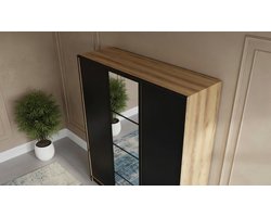 Kledingkast met spiegel Casa Velluto EDEN Premium 3-deurs - Slaapkamerkast met uittrekbare kledingroede en push-to-open deuren - 156,4x205x39 cm - Ambachtelijke eik & zwart - Opbergkast voor slaapkamer, hal of vestibule