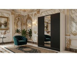 Kledingkast met spiegel Casa Velluto EDEN Premium 3-deurs - Slaapkamerkast & Vestibule kast - Uittrekbare kledingroede - Hoogwaardig gelamineerd spaanplaat - Wit & Zwart - 156,4x205x39 cm - Ruim opbergmeubel voor kleding en accessoires