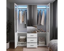 Kledingkast met spiegel - Draaideurkast Lade - Kleding Opbergen - Transparante deuren - 160 cm breed - Wit