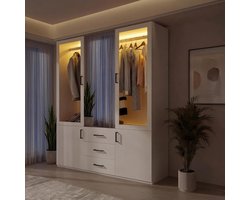 Kledingkast met spiegel - Draaideurkast lades - Slaapkamer opbergen - Geïntegreerd LED-licht - 130 x 52 x 180 cm - Wit