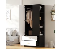 Kledingkast met spiegel en deur - modern kledingkast - voorzien van 2 lades en 4 planken - wit en zwart - 80x40x180 cm