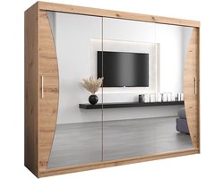 Kledingkast met Spiegel en Schuifdeuren 250x200x62 cm – Moderne Garderobekast met Planken en Kledingstang – Multifunctionele Kast voor Slaapkamer, Hal en Woonkamer – Artisan Eiken – Abkantoor
