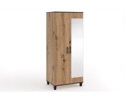 Kledingkast met spiegel - P11 - Planken - Kledingroede - Traditioneel eikenhout + zwarte accessoires - 80 cm