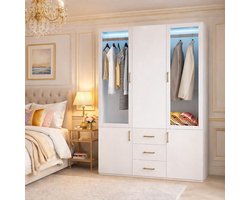 Kledingkast met spiegel - Smal meubelstuk - Slaapkamer opbergen - Veelzijdige draaideurkast - 130 cm breed - Wit