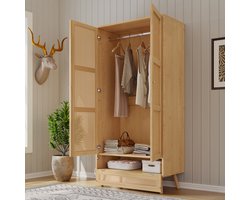 Kledingkast met Stang 90x45x183 cm – Rotan Kast met 2 Deuren en Extra Opbergruimte – Houten Slaapkamerkast in Naturel