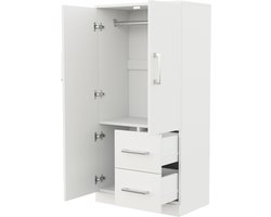 Kledingkast Met Twee Draaideuren - 70 x 40 x 135 cm - Twee Lades En Groot Opbergvak - Wit - Grenen, Multiplex En MDF - Voor Kinderkamer