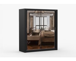 Kledingkast MILKO 180 cm - 2-deurs schuifdeurkast met spiegel en kledingstang - Garderobekast met ruime opbergruimte - Moderne kast voor slaapkamer en hal (Zwart)