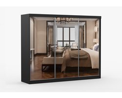 Kledingkast MILKO 250 cm - 3-deurs schuifdeurkast met spiegel, 3 lades en kledingstang - Garderobekast met ruime opbergruimte - Moderne kast voor slaapkamer en hal (Zwart)