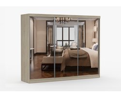 Kledingkast MILKO 250 cm - 3-deurs schuifdeurkast met spiegel, 3 lades en kledingstang - Garderobekast met ruime opbergruimte - Moderne kast voor slaapkamer en hal (Sonoma)