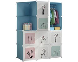 Kledingkast-Modulaire kinderkleed kast met kledingstang,8 vakken,opbergplanken van kunststof met dierenprint,veilig en duurzaam, voor baby- en kinderkamer,kleding en speelgoed,111x47x147cm