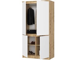 Kledingkast - Opbergkast Kast - Slaapkamer Organisatie - Vier Deuren - 90 cm Breed - Eiken Wit